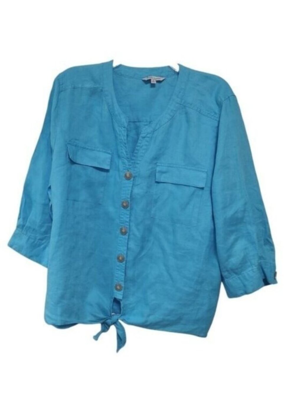 John Mark 100% Linen Top Size L Tie Front Button Up Relaxed Comfort